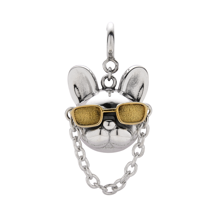 [full] Pendant in sterling silver with bulldog head and golden sunglasses.