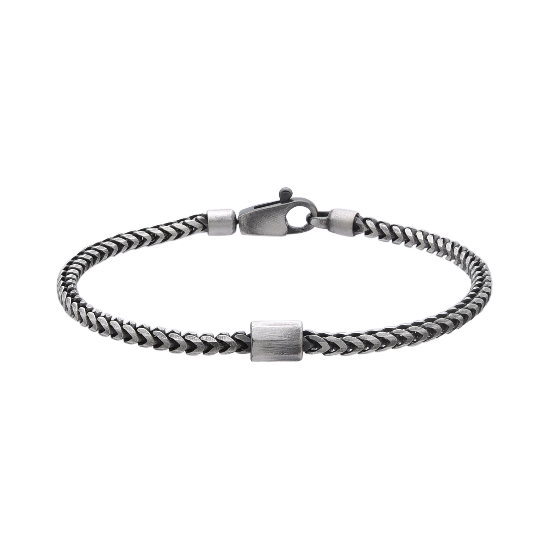 [full] - Sterling silver Franco chain bracelet with octagonal centerpiece and dark ruthenium plating.