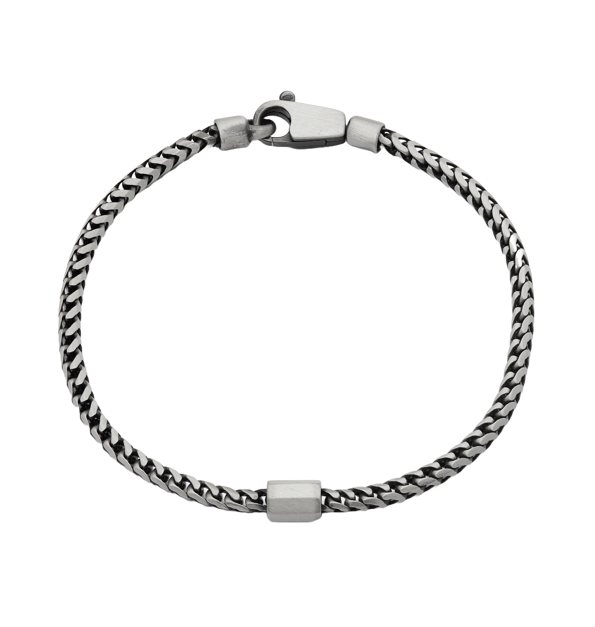 [full] - Sterling silver Franco chain bracelet with octagonal centerpiece and dark ruthenium plating.