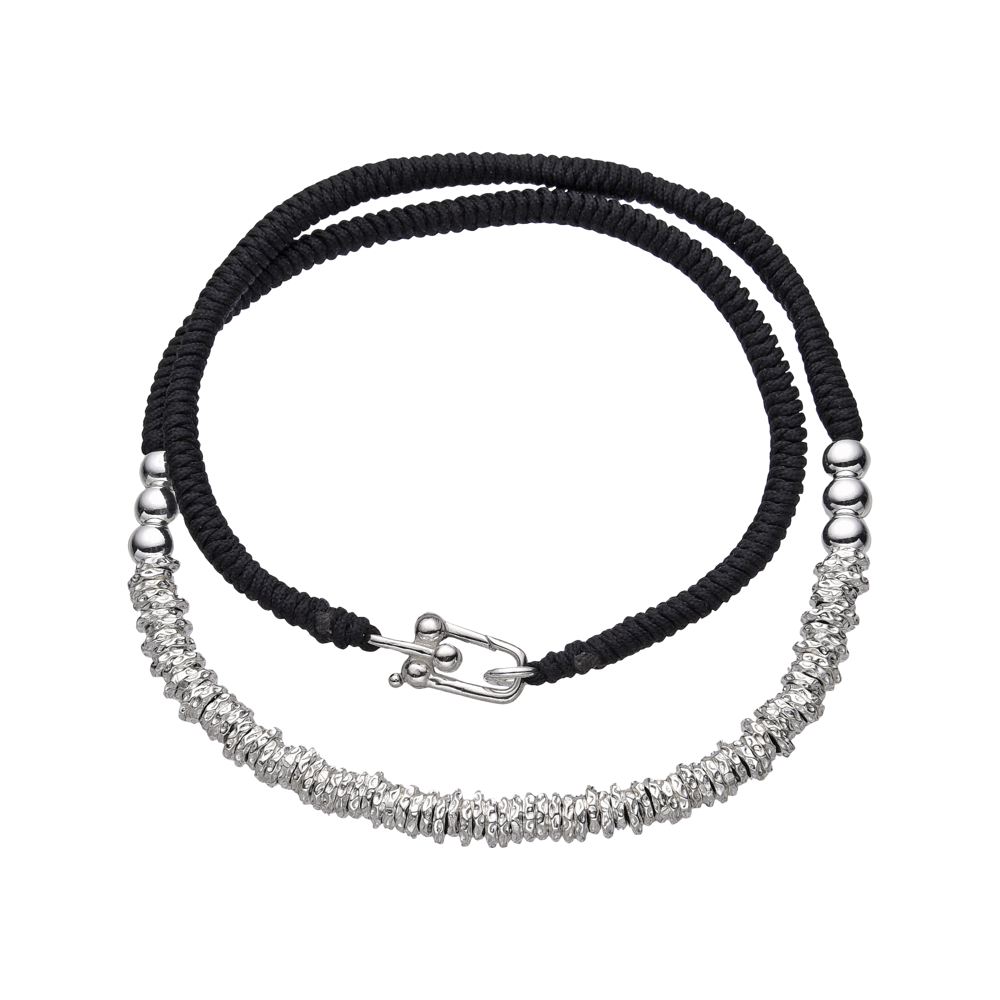 [full] - Sterling silver bead necklace combined with black handcrafted cord, featuring polished and woven textures.