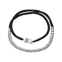 [full] - Sterling silver bead necklace combined with black handcrafted cord, featuring polished and woven textures.