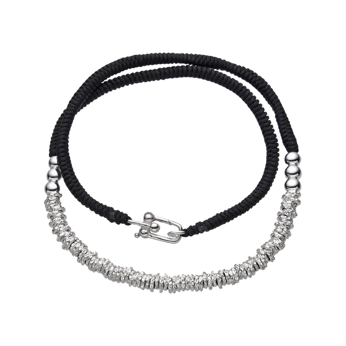 [full] - Sterling silver bead necklace combined with black handcrafted cord, featuring polished and woven textures.