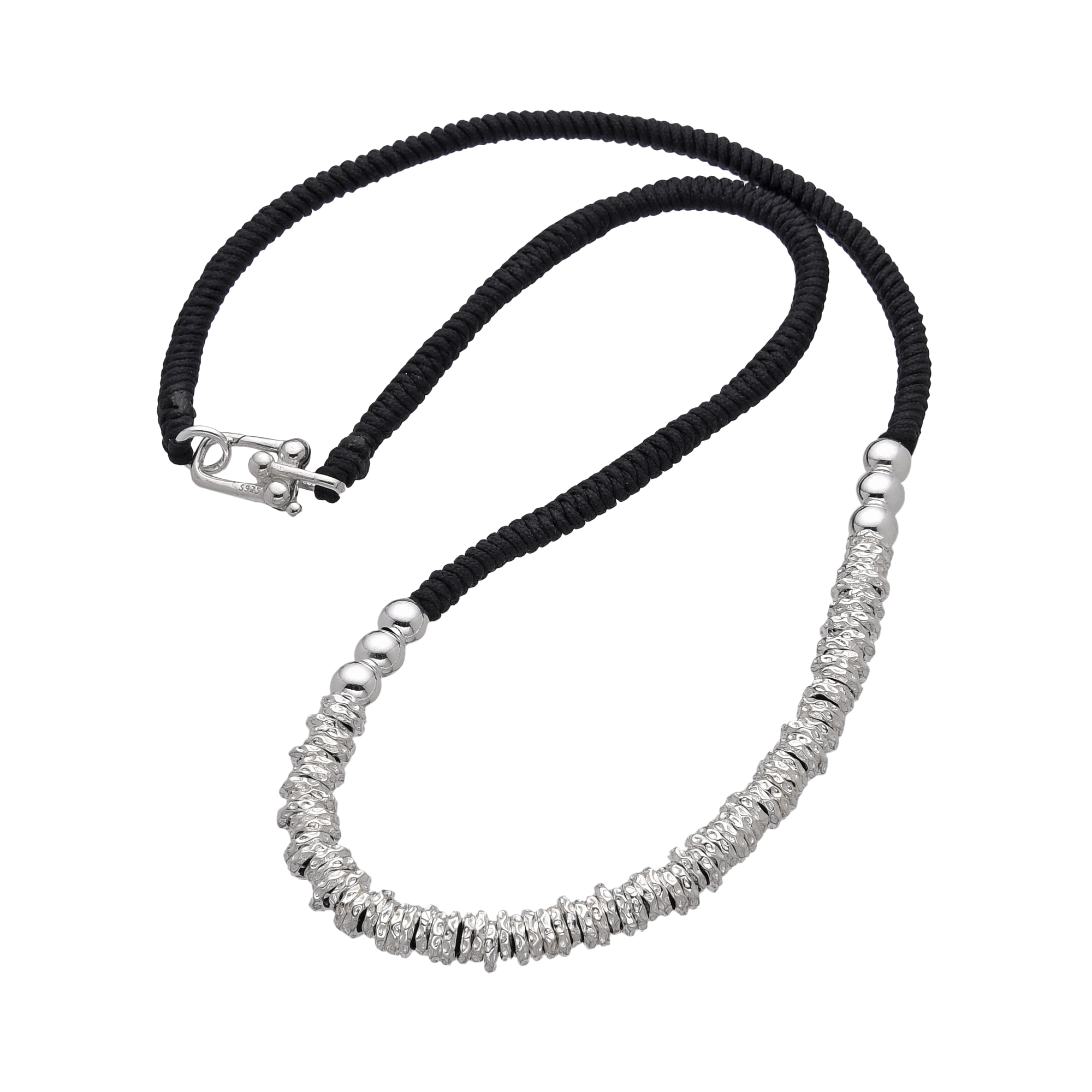 [full] - Sterling silver bead necklace combined with black handcrafted cord, featuring polished and woven textures.