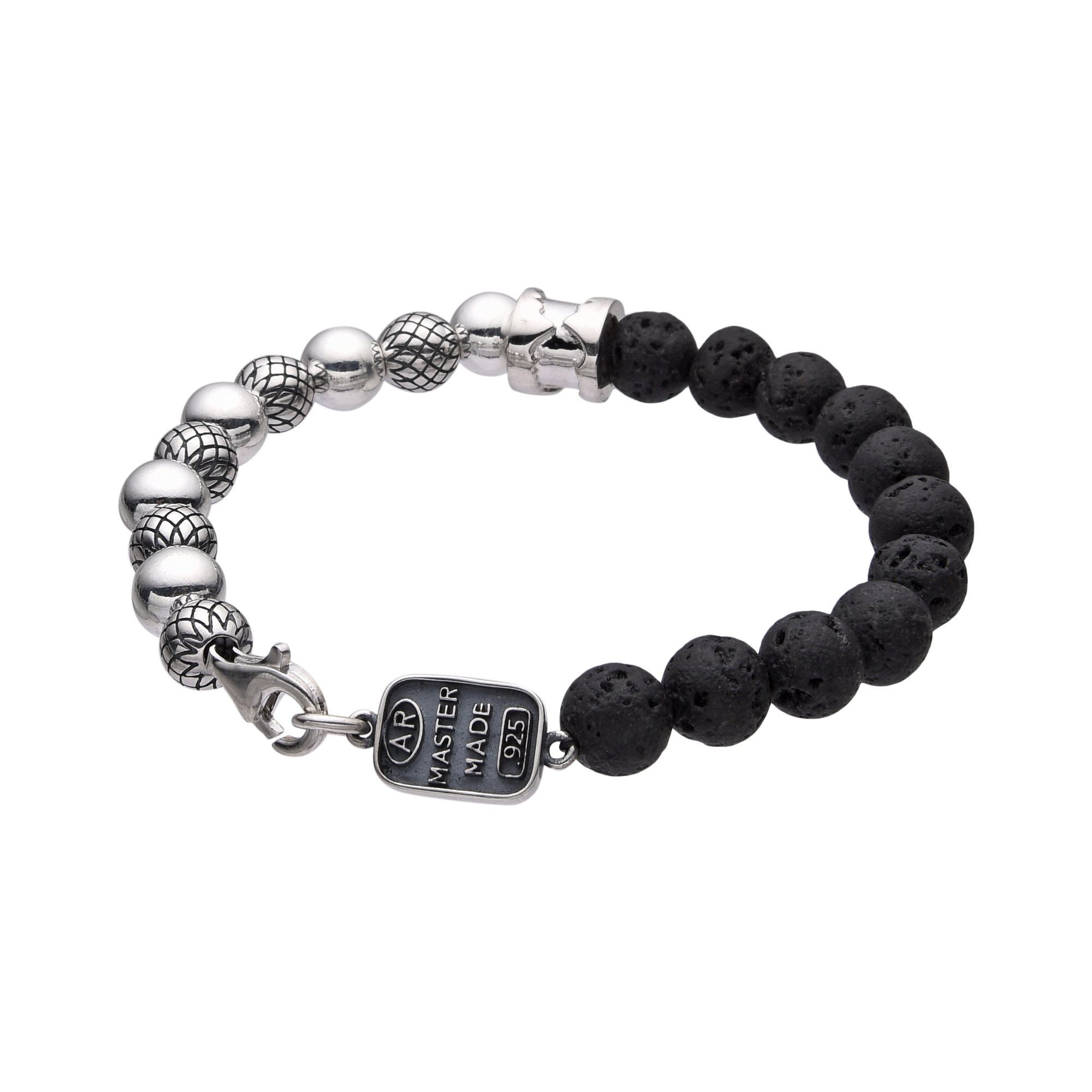 [full] - Black lava stone and sterling silver bead bracelet with contrasting textures.