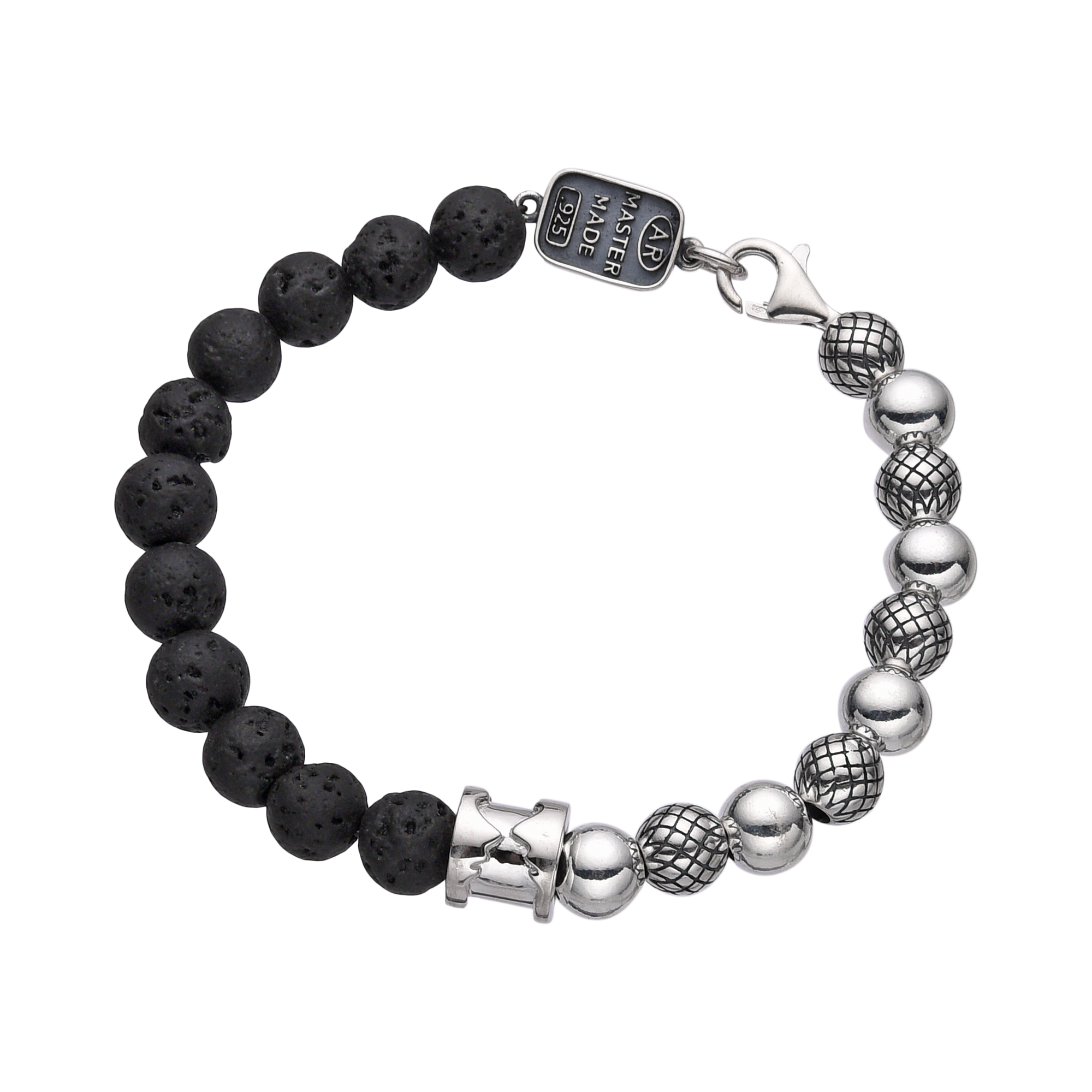[full] - Black lava stone and sterling silver bead bracelet with contrasting textures.