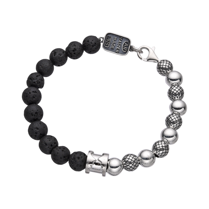 [full] - Black lava stone and sterling silver bead bracelet with contrasting textures.