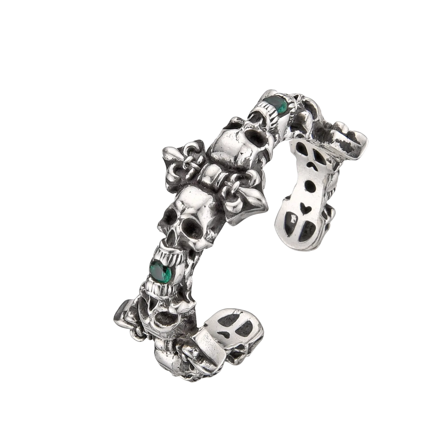 [full] - Sterling silver skull-shaped ring with green Agate Stones