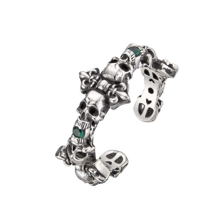 [full] - Sterling silver skull-shaped ring with green Agate Stones
