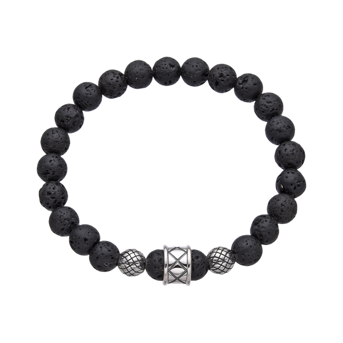 [full] - Black lava stone bead bracelet with sterling silver accents and matte finish.
