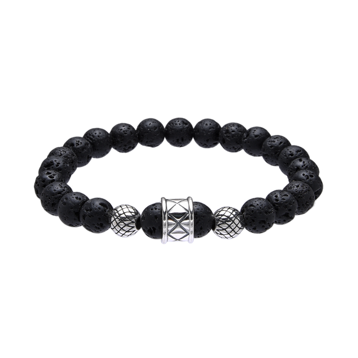 [full] - Black lava stone bead bracelet with sterling silver accents and matte finish.