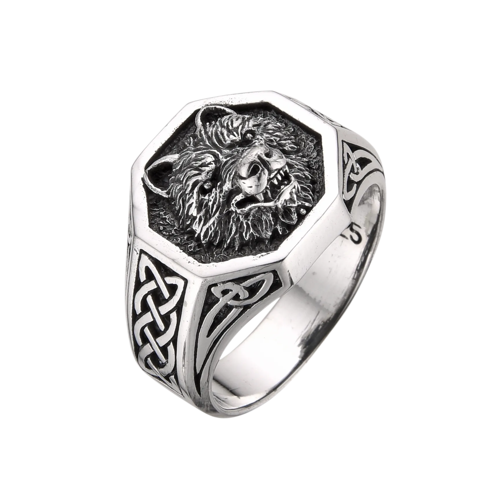 [full] Silver ring with wolf design and Celtic knot patterns