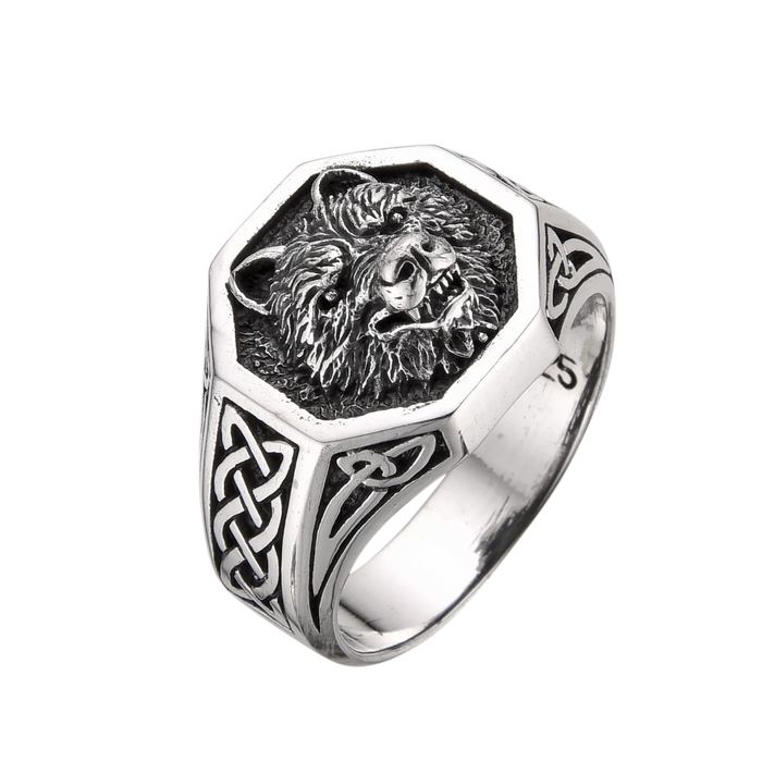 [full] Silver ring with wolf design and Celtic knot patterns
