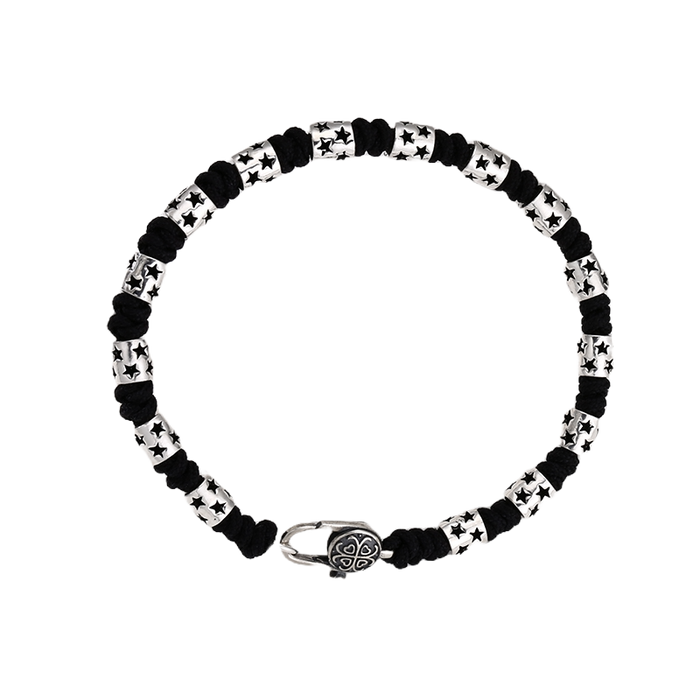 [full] - Sterling silver star bead bracelet with black cord and polished finish.