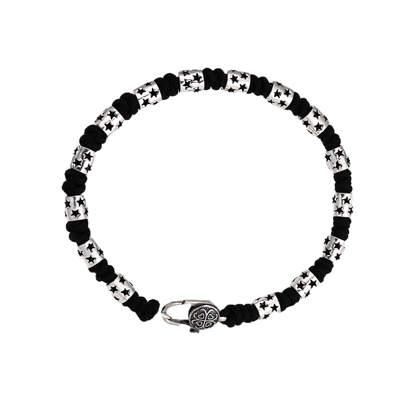 [full] - Sterling silver star bead bracelet with black cord and polished finish.