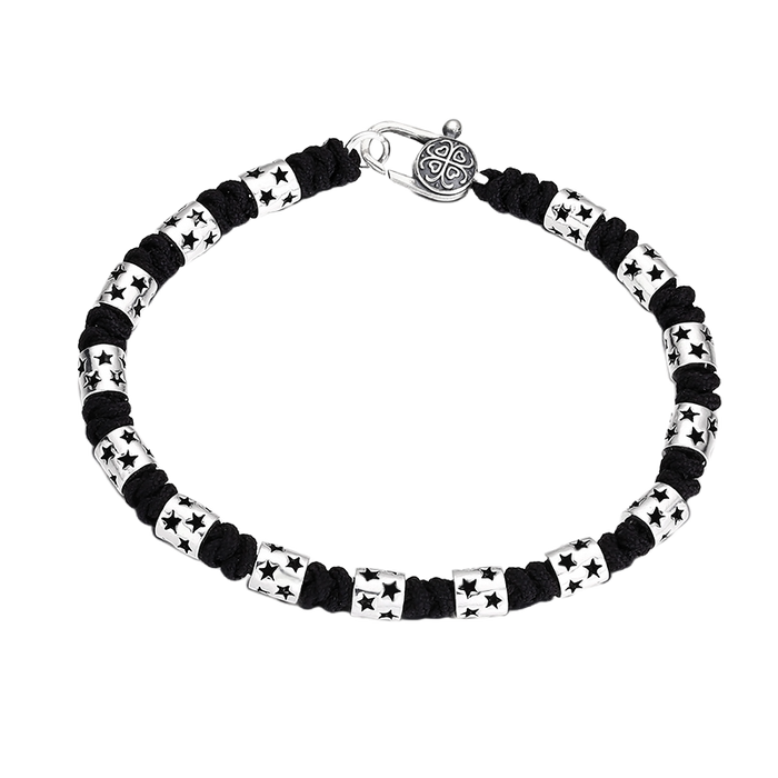 [full] - Sterling silver star bead bracelet with black cord and polished finish.