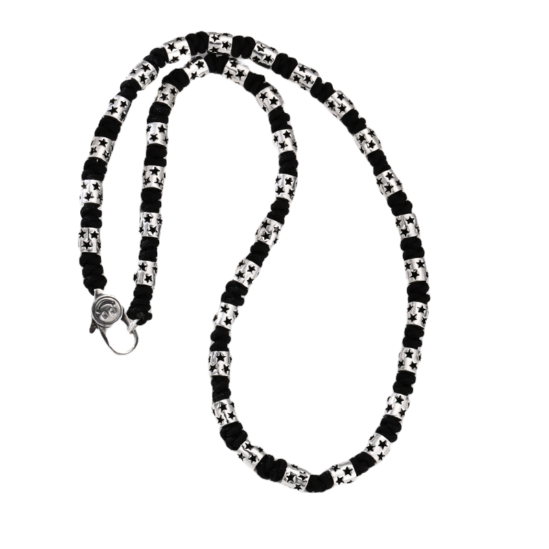 [full] - Sterling silver star-studded beads woven into black handcrafted cord necklace.