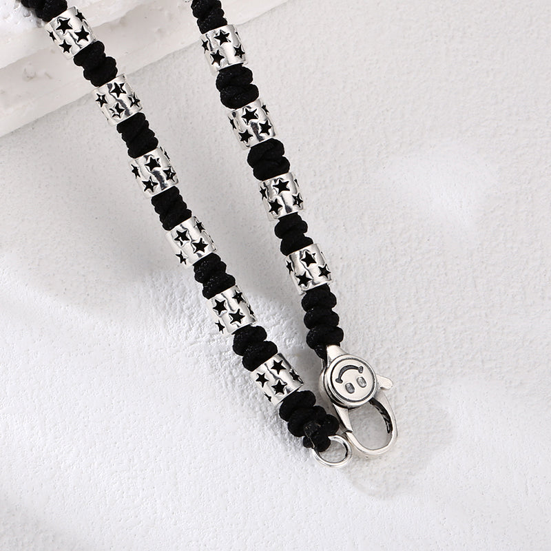 [full] - Sterling silver star-studded beads woven into black handcrafted cord necklace