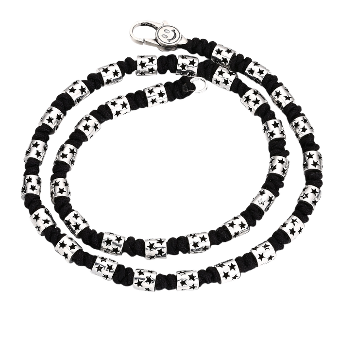 [full] - Sterling silver star-studded beads woven into black handcrafted cord necklace.