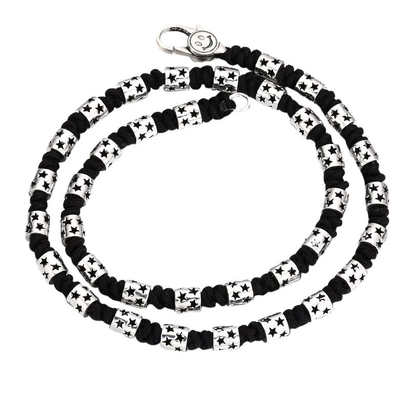 [full] - Sterling silver star-studded beads woven into black handcrafted cord necklace.