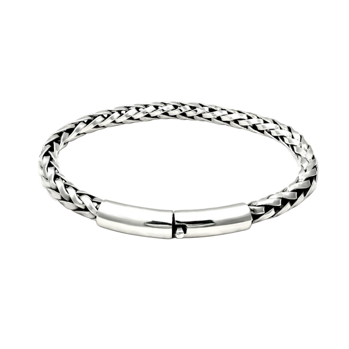 [full] - Polished sterling silver woven bracelet with seamless clasp and sleek finish.