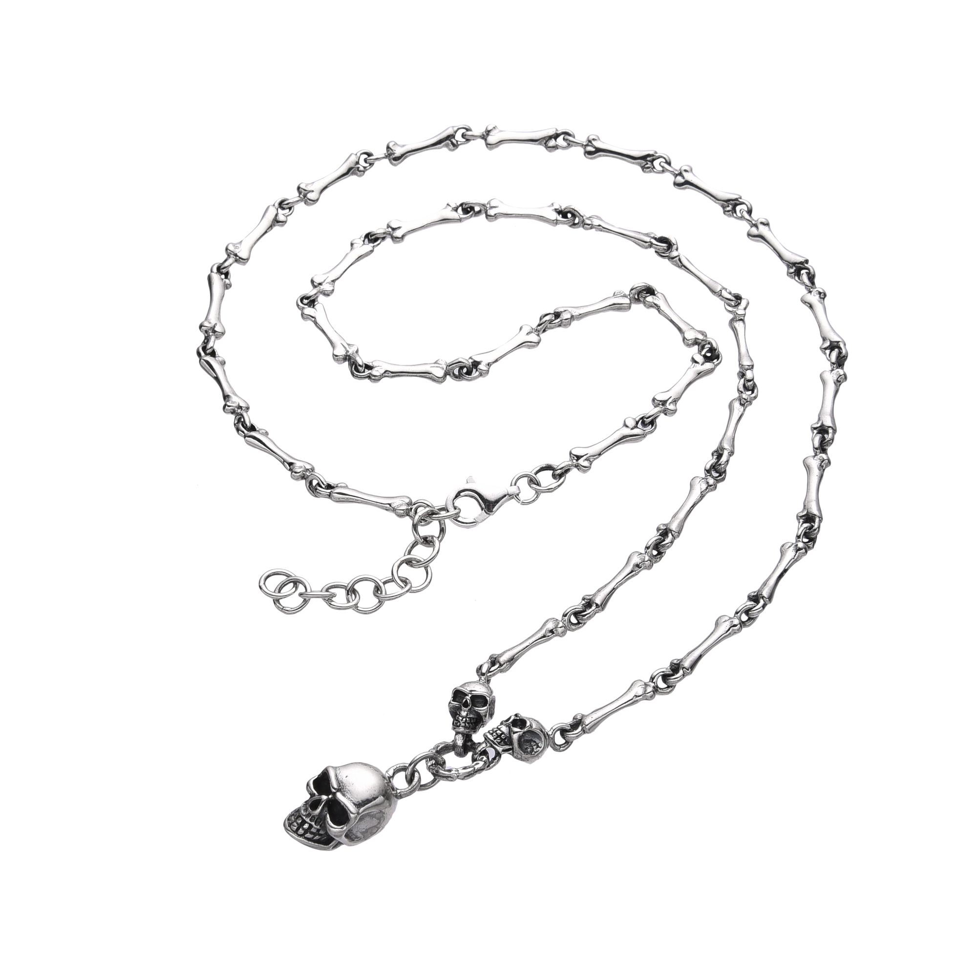 [full] - Sterling silver necklace with bone-shaped links and a detailed skull pendant.