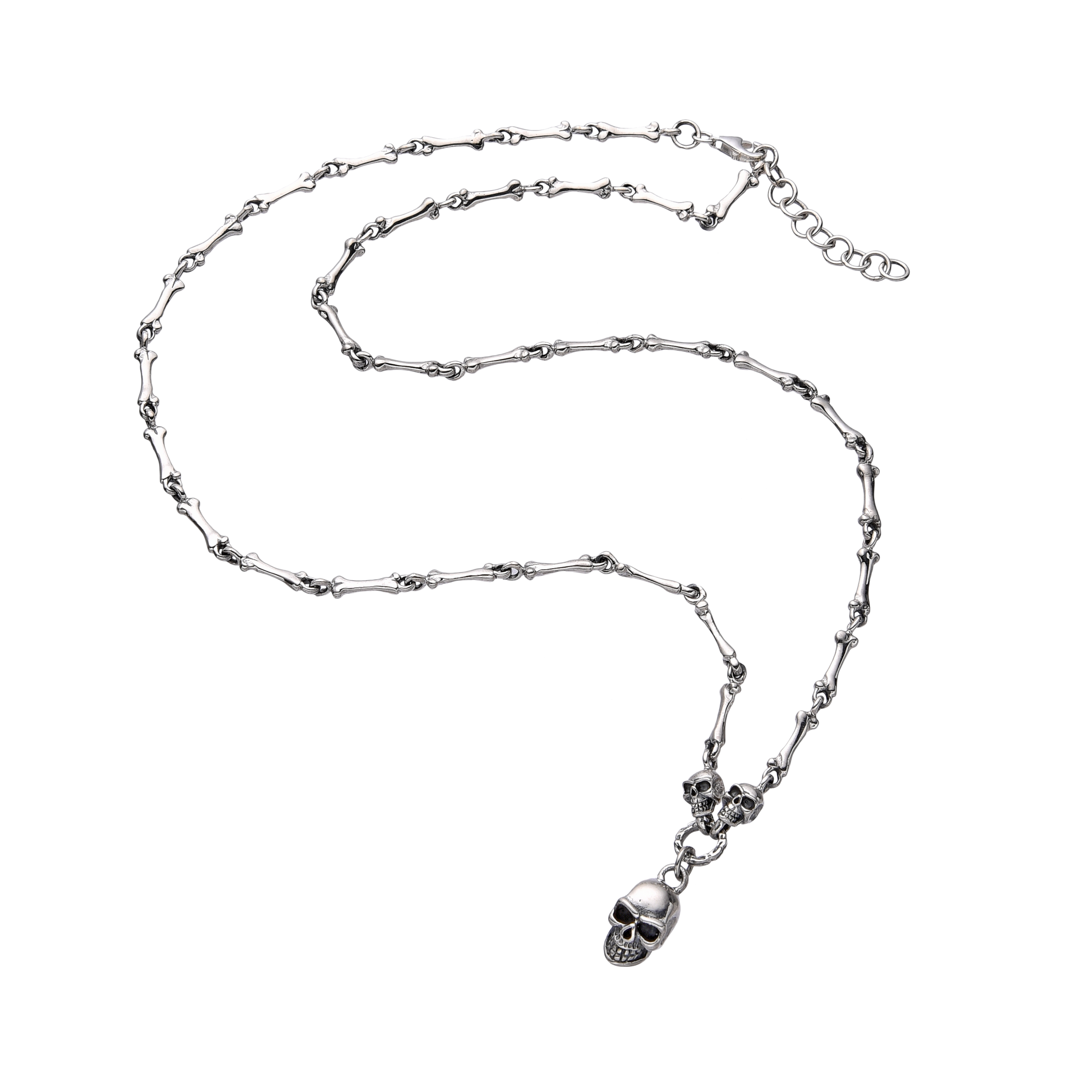 [full] - Sterling silver necklace with bone-shaped links and a detailed skull pendant.