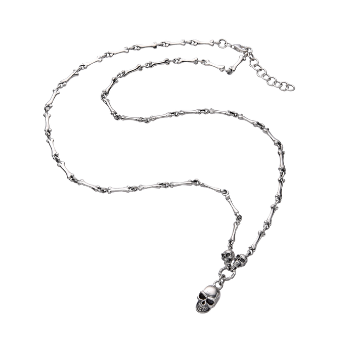 [full] - Sterling silver necklace with bone-shaped links and a detailed skull pendant.