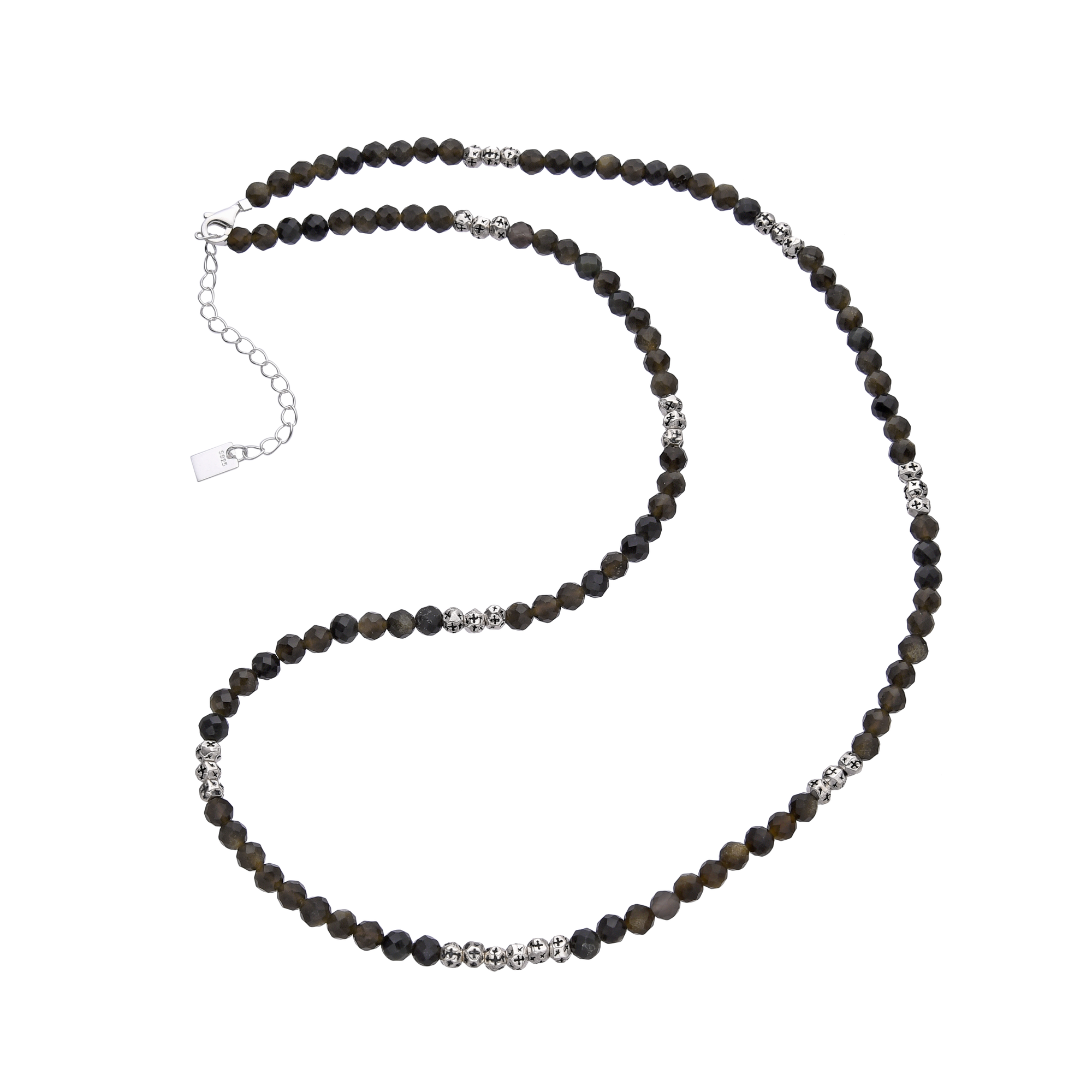 [full] - Black agate bead necklace with sterling silver spacers, combining dark tones and polished details