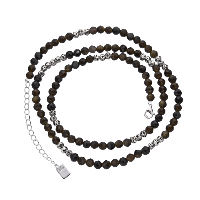 [full] - Black agate bead necklace with sterling silver spacers, combining dark tones and polished details