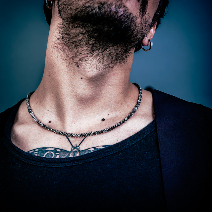 [full] - Man wearing Pikun oxidised sterling silver necklace