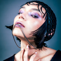 [full] - Woman wearing recon sterling silver with ruthenium plating necklace.