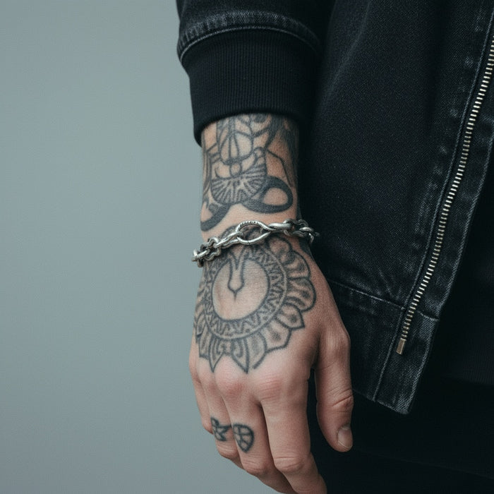 [full] Close-up of a person with tattoos wearing a sterling silver bracelet