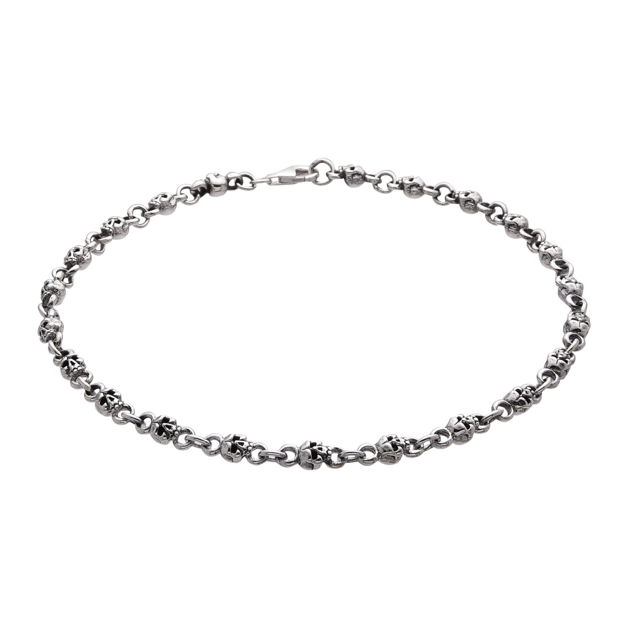 [full] - Sterling silver skull link bracelet with oxidised details and polished highlights.
