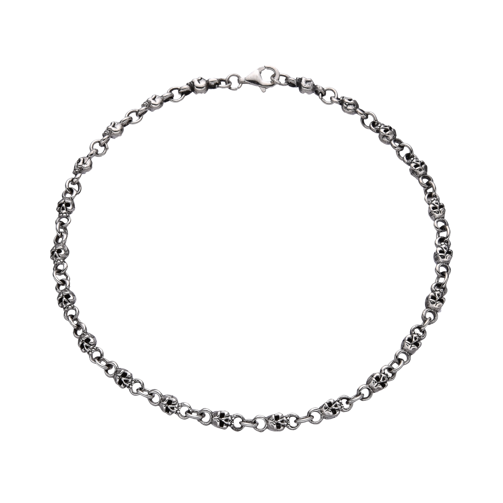 [full] - Sterling silver skull link bracelet with oxidised details and polished highlights.