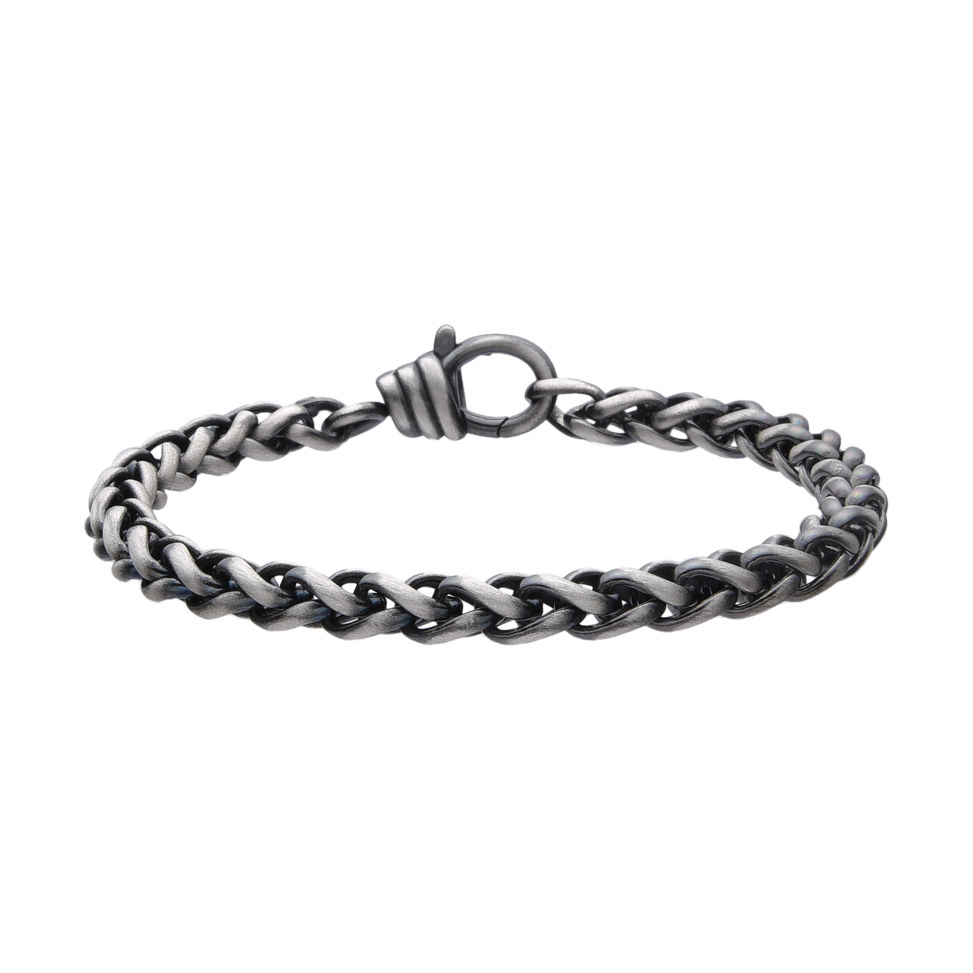[full] - Twisted link sterling silver bracelet with ruthenium plating, brushed gun-metal finish, and sculpted hook clasp.