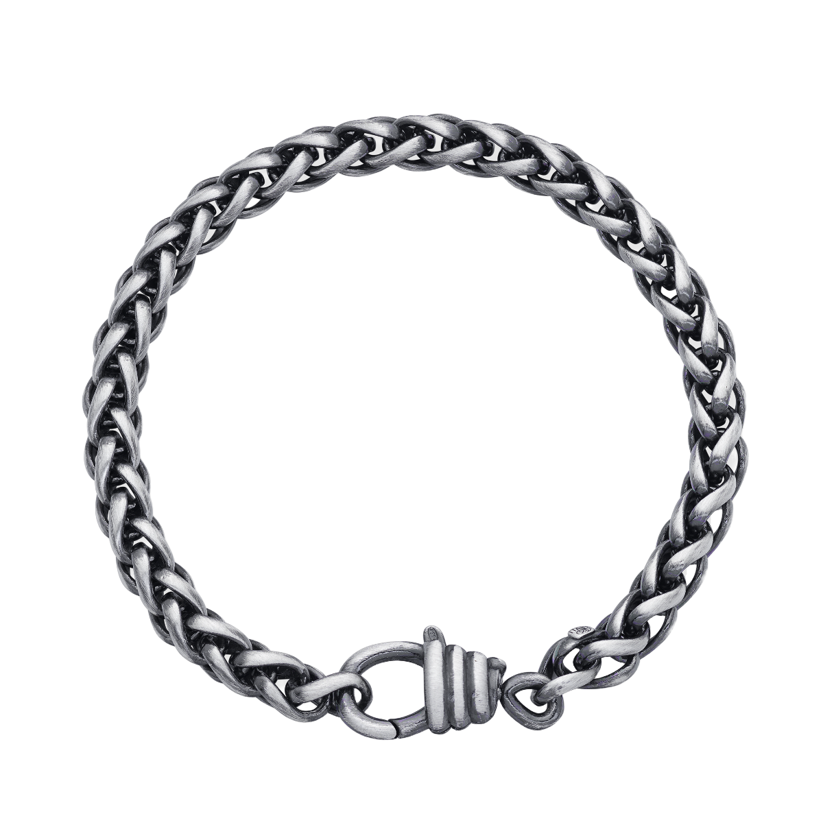 [full] - Twisted link sterling silver bracelet with ruthenium plating, brushed gun-metal finish, and sculpted hook clasp.