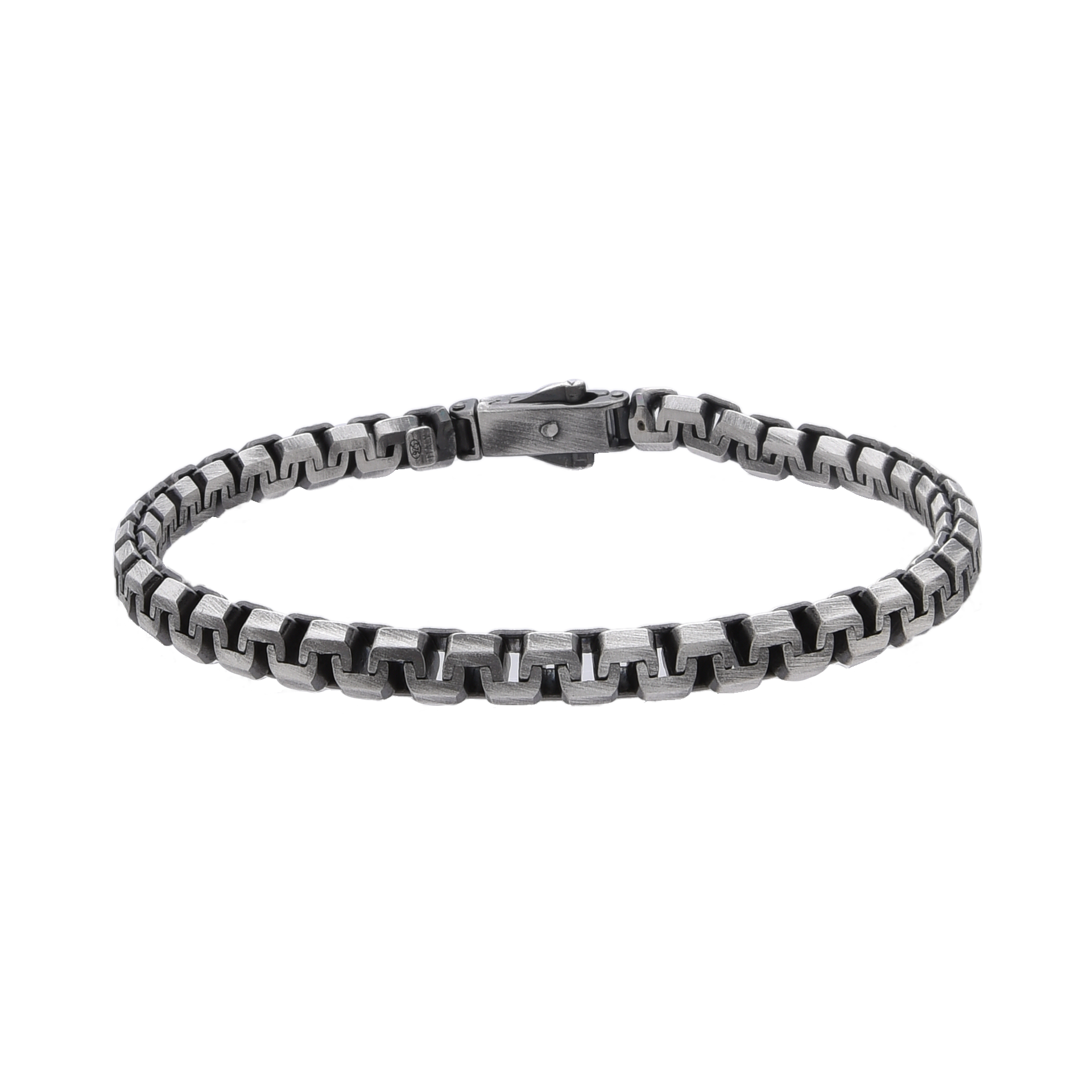 [full] - Industrial-style sterling silver bracelet with ruthenium plating and brushed gun-metal finish.