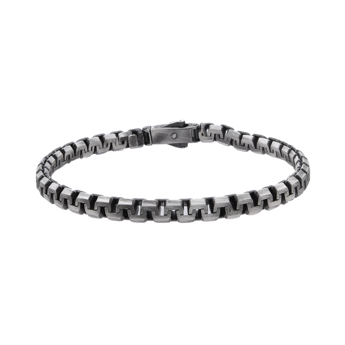 [full] - Industrial-style sterling silver bracelet with ruthenium plating and brushed gun-metal finish.