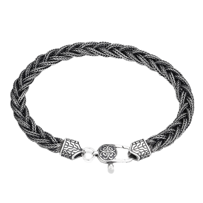[full] - Woven sterling silver bracelet with oxidised finish and intricate texture.