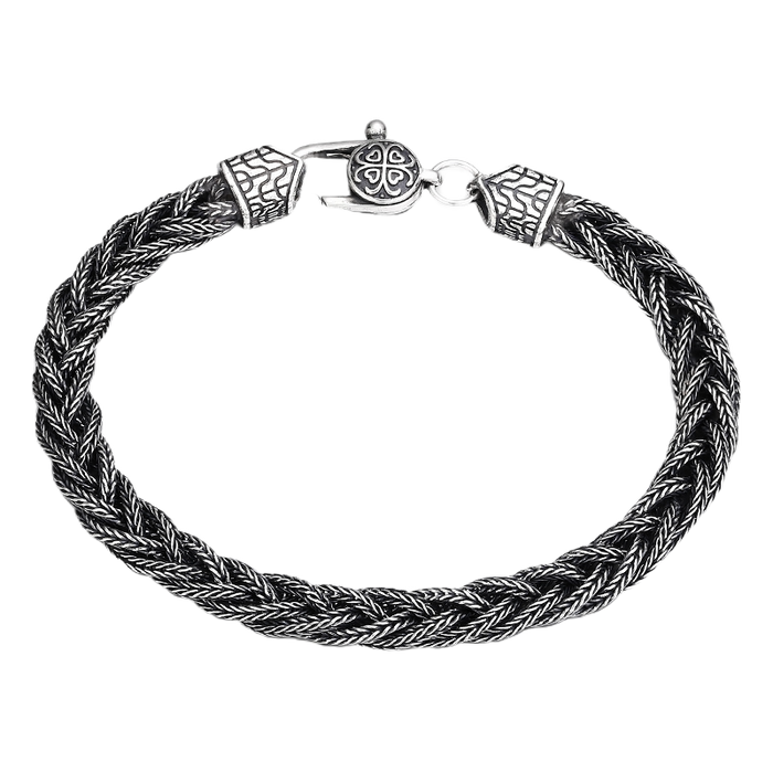 [full] - Woven sterling silver bracelet with oxidised finish and intricate texture.