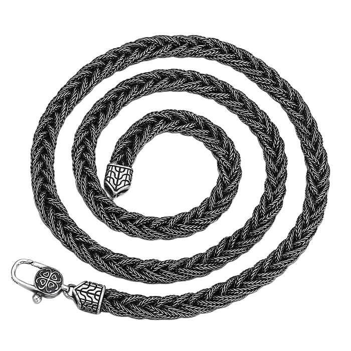 [full] - Woven sterling silver chain necklace with detailed end caps and secure clasp.