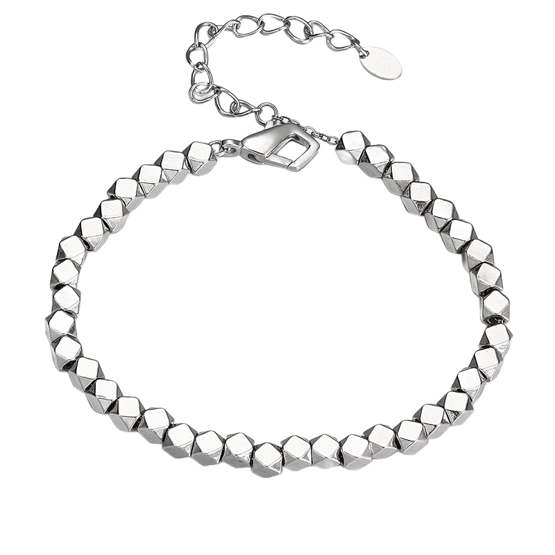 [full] - Faceted sterling silver beads bracelet with geometric design and polished finish.