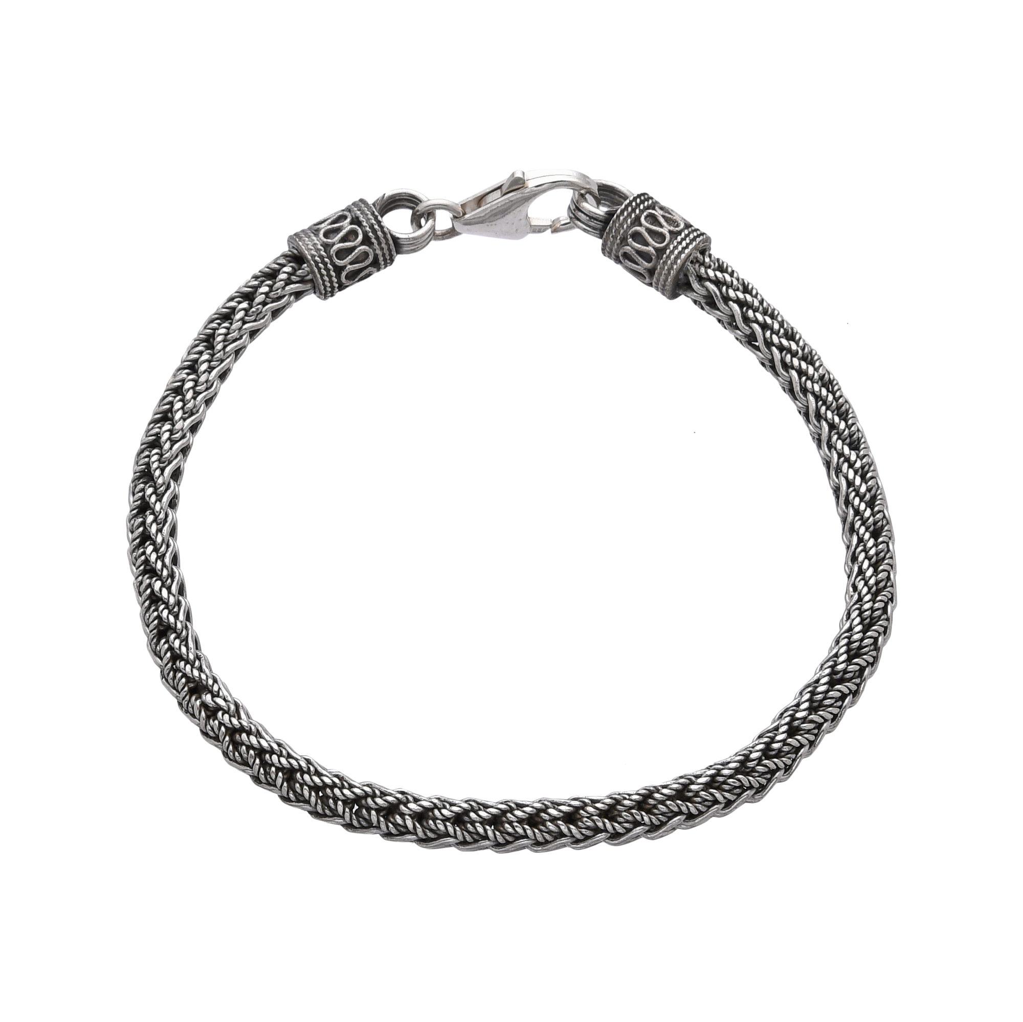[full] - Braided sterling silver bracelet with oxidised finish and ornate end caps.