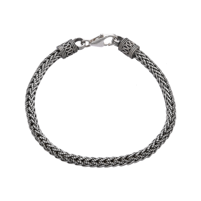 [full] - Braided sterling silver bracelet with oxidised finish and ornate end caps.