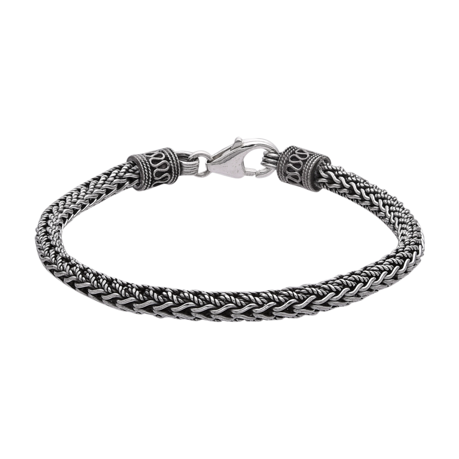 [full] - Braided sterling silver bracelet with oxidised finish and ornate end caps.