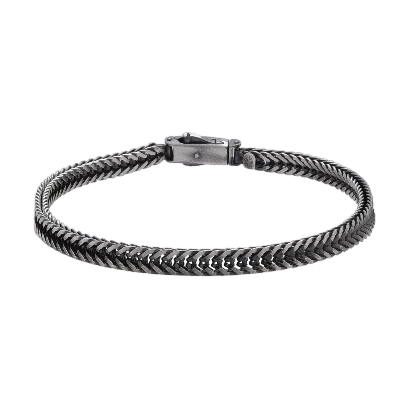 [full] - Fox-tail chain bracelet in sterling silver with diamond-cut links and gun-metal ruthenium plating.